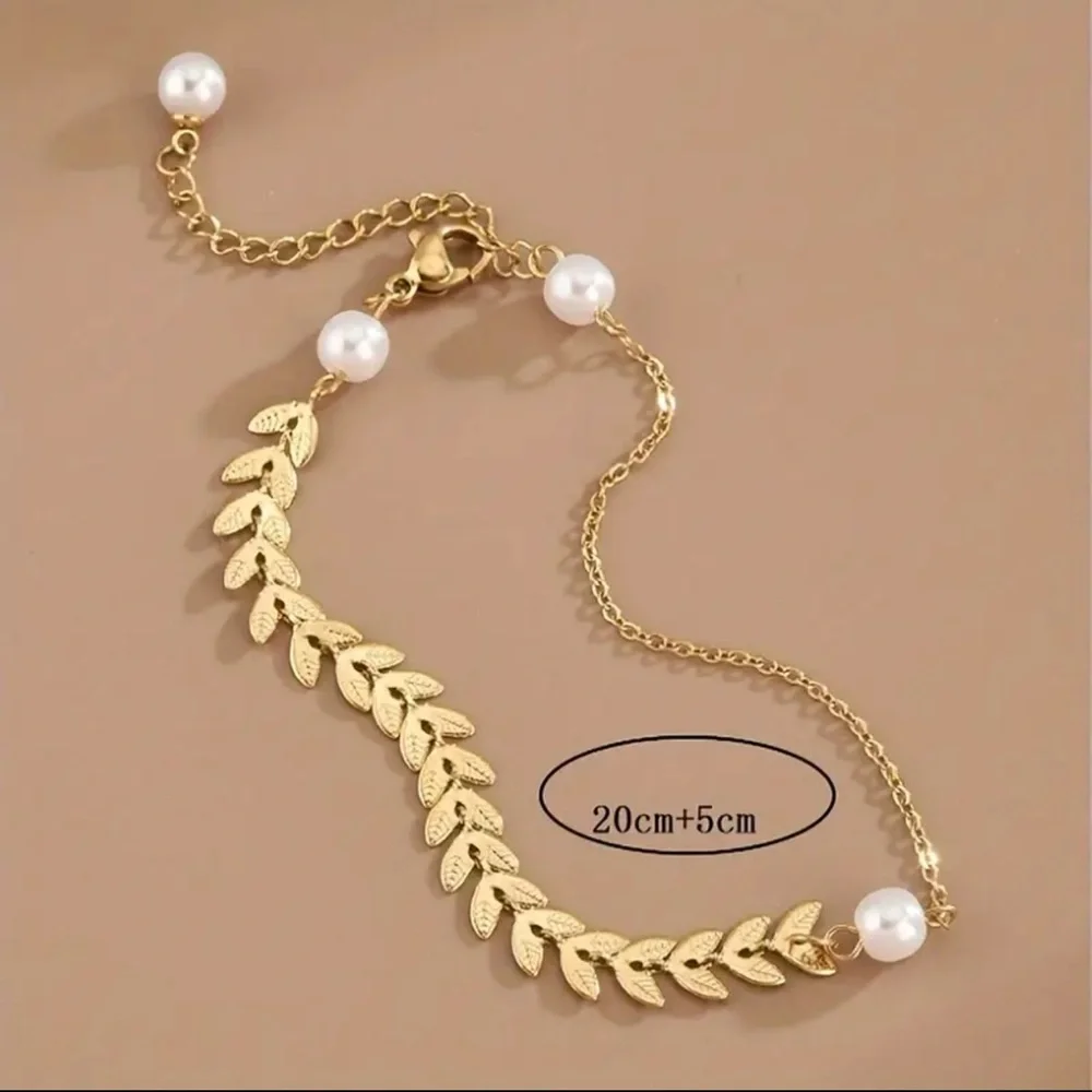 Gold Leaf Pearl Bracelet/Anklet | Delicate Wheat Chain Adjustable